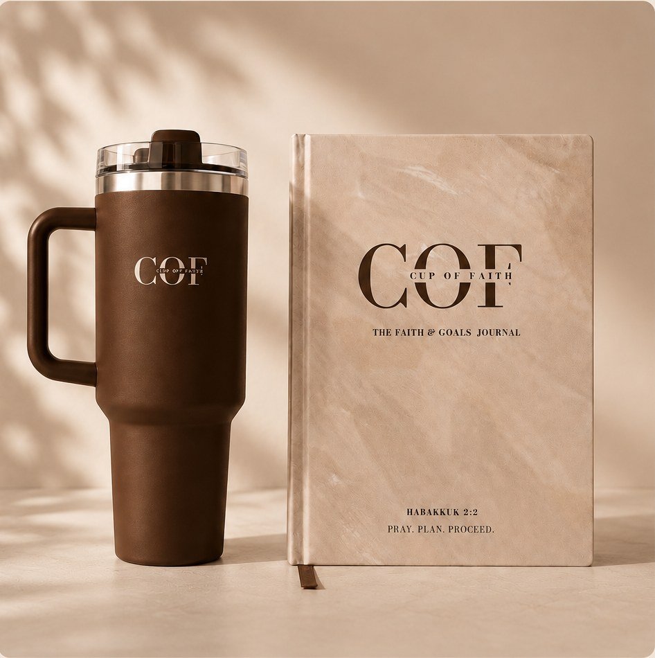The COF tumbler beside the COF Faith and Goals journal